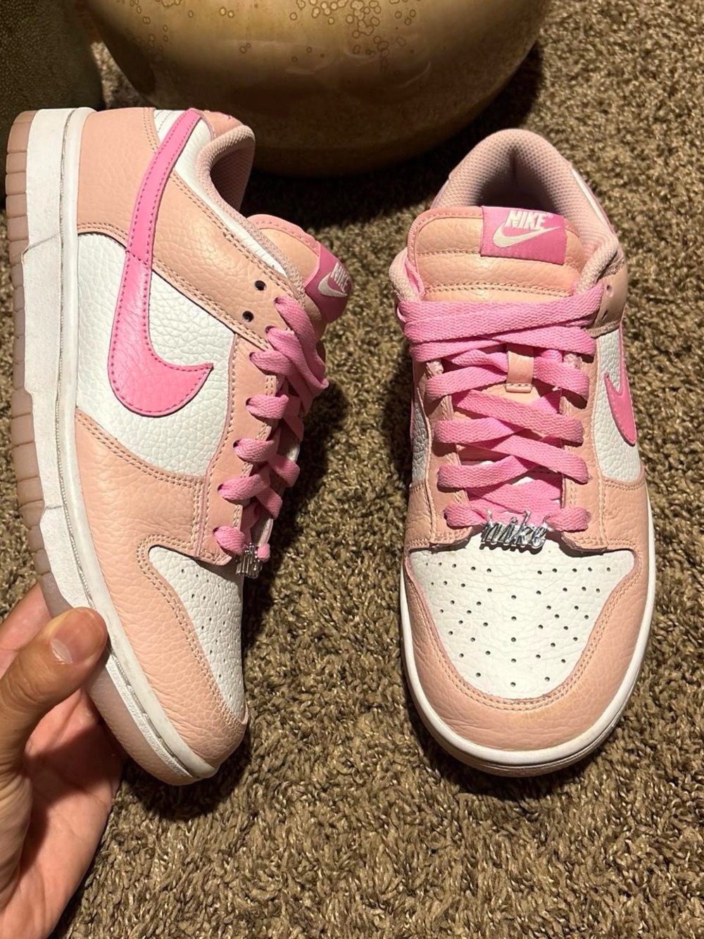 Pink Pebbled Leather Nike Dunks w/ Lace Lock Charm
